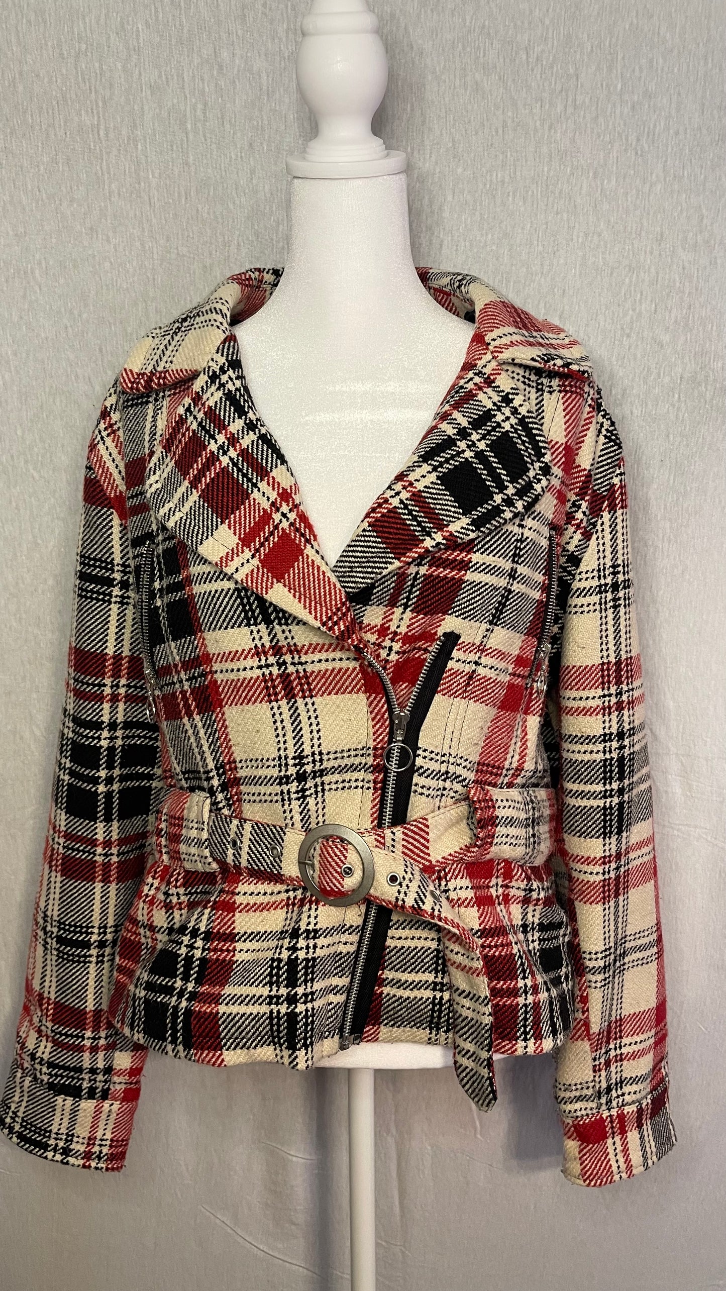 LG Cato Red Plaid Waist Length Zip Pea Coat