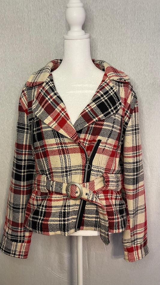 LG Cato Red Plaid Waist Length Zip Pea Coat