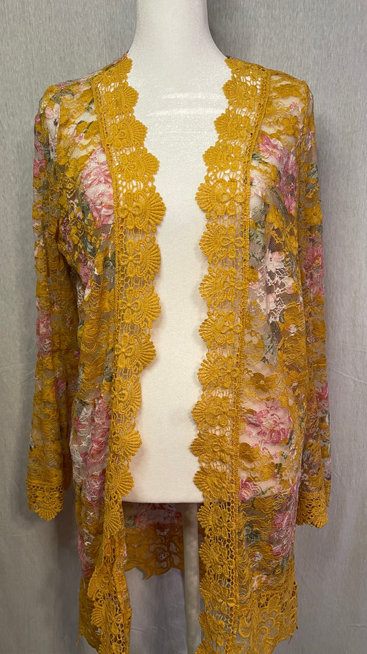 MED Yellow Lace Floral Outerwear Cardigan