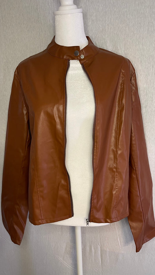 M/L Brown Fake Leather Zip Up Jacket